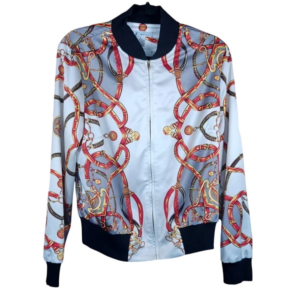 Vintage WD•NY Baroque Equestrian Bomber Jacket Large Gold Chain & Bridle Print - Picture 3 of 6